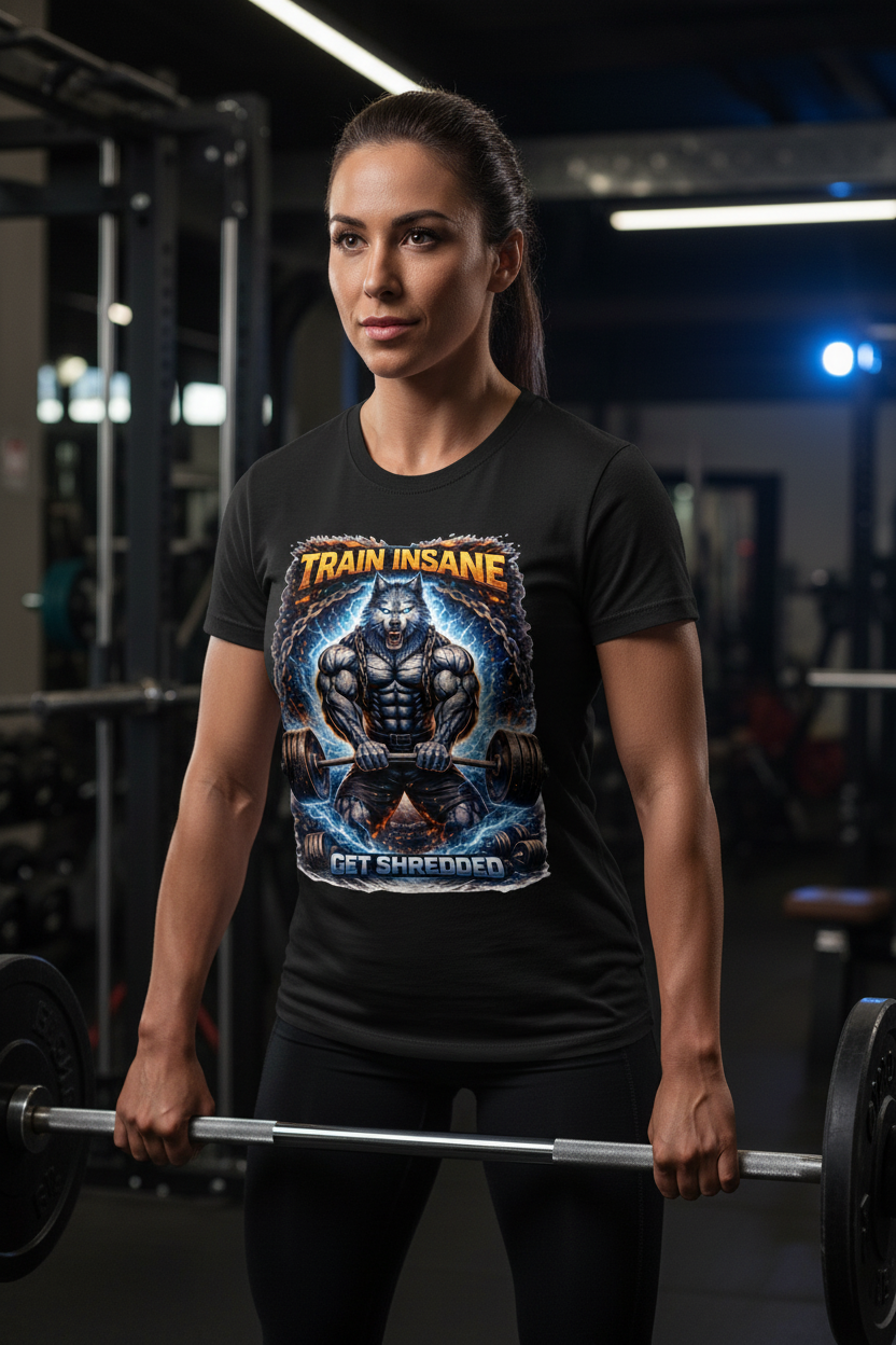 Train Insane Get Shredded - Woman Black Mockup 1