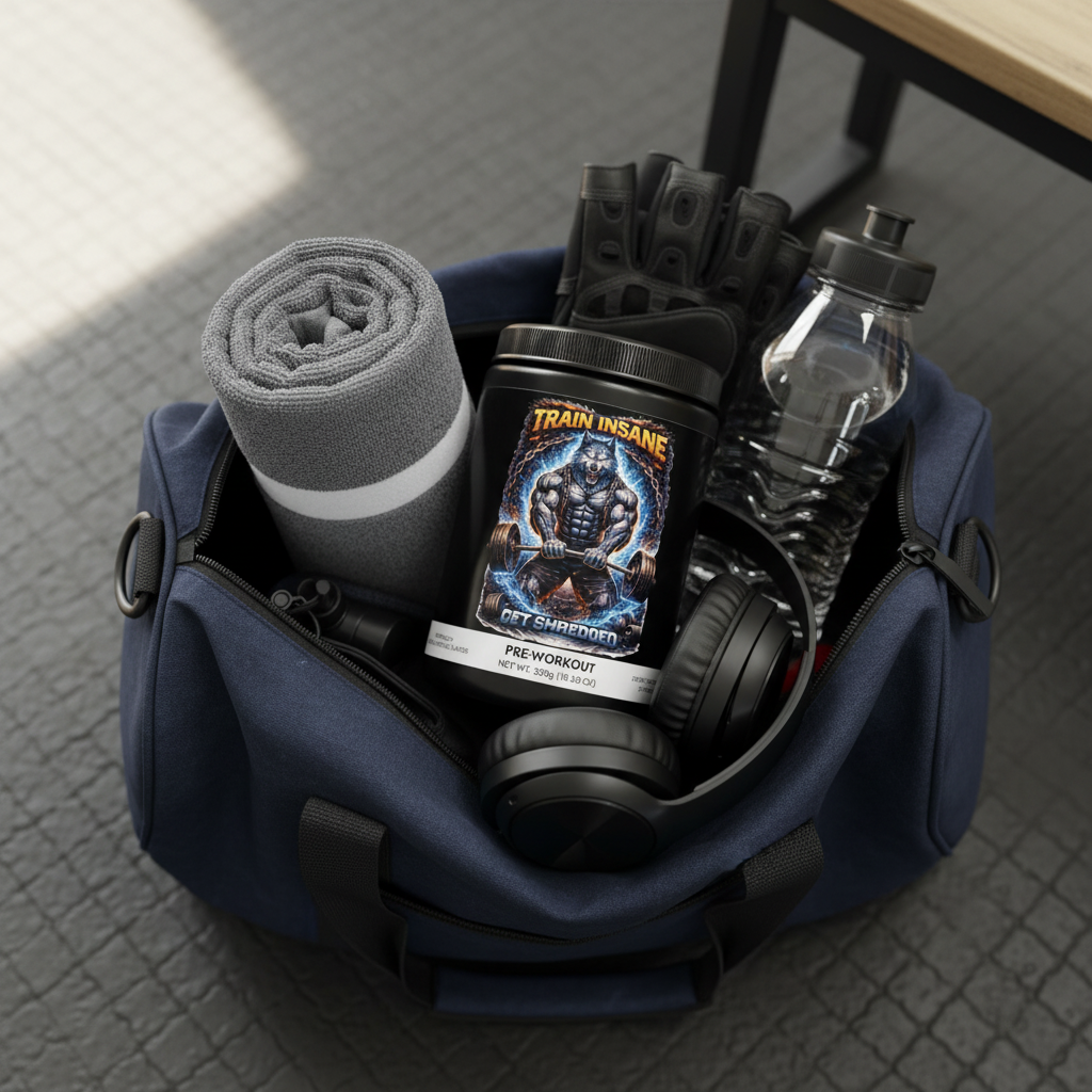 Train Insane pre-workout in open gym bag