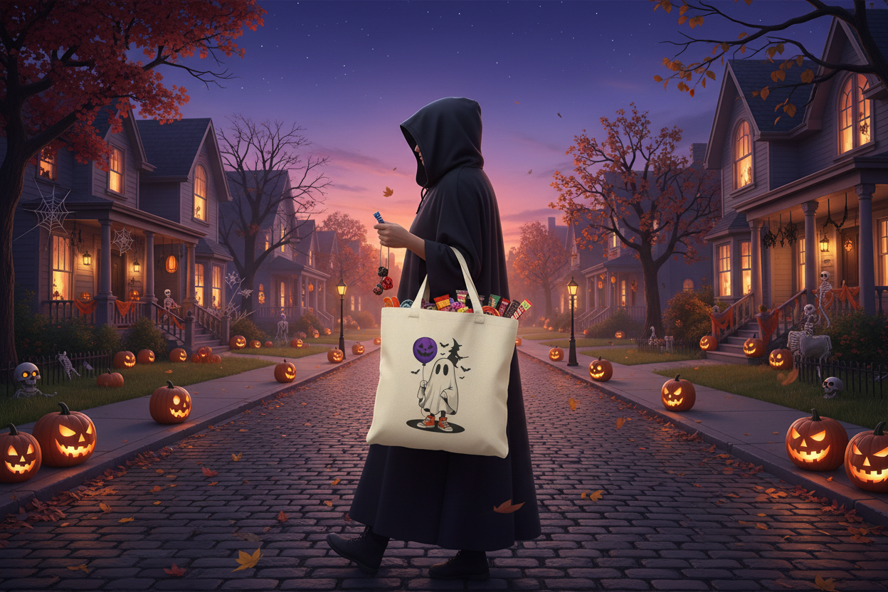 Trick-or-treating through decorated neighborhood