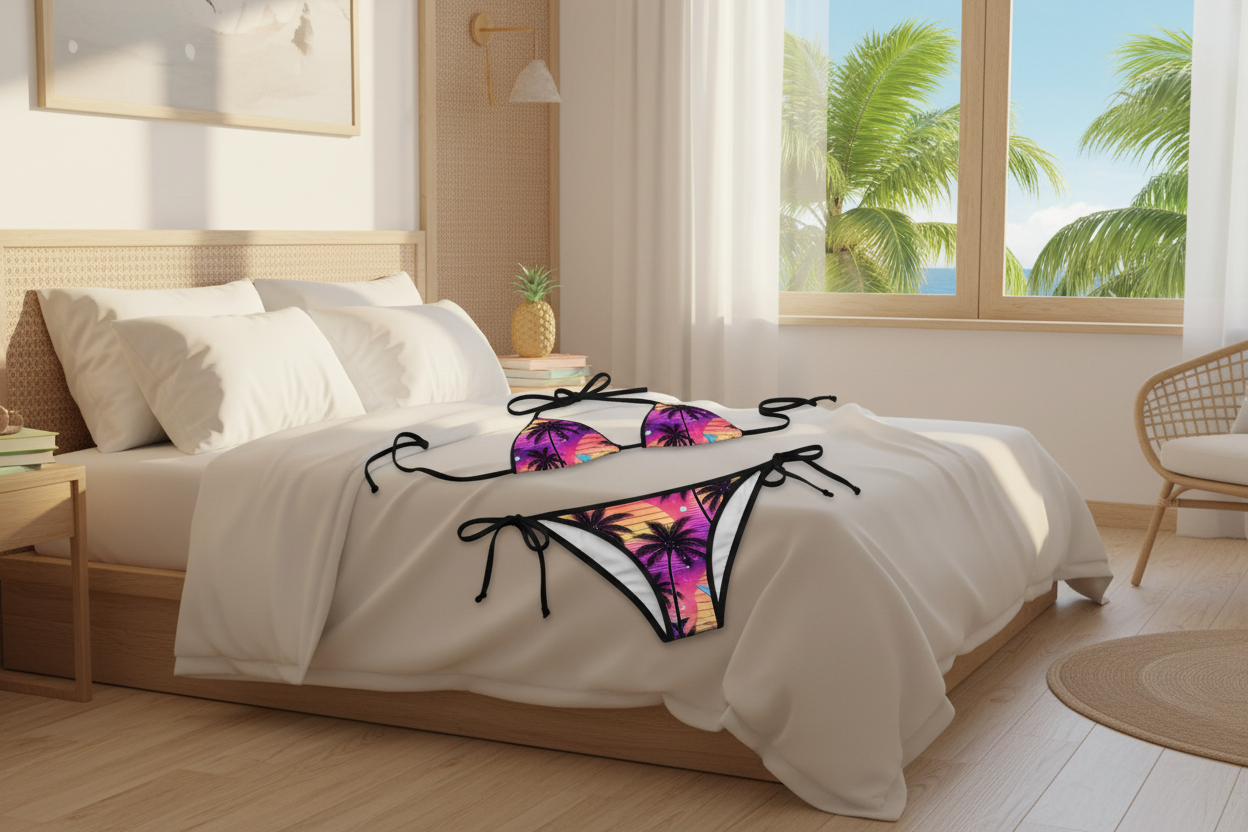 Tropical bikini on bed