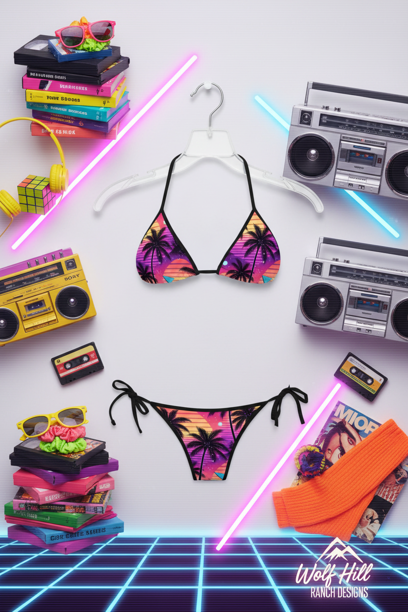 Tropical bikini on hanger with 80s merch