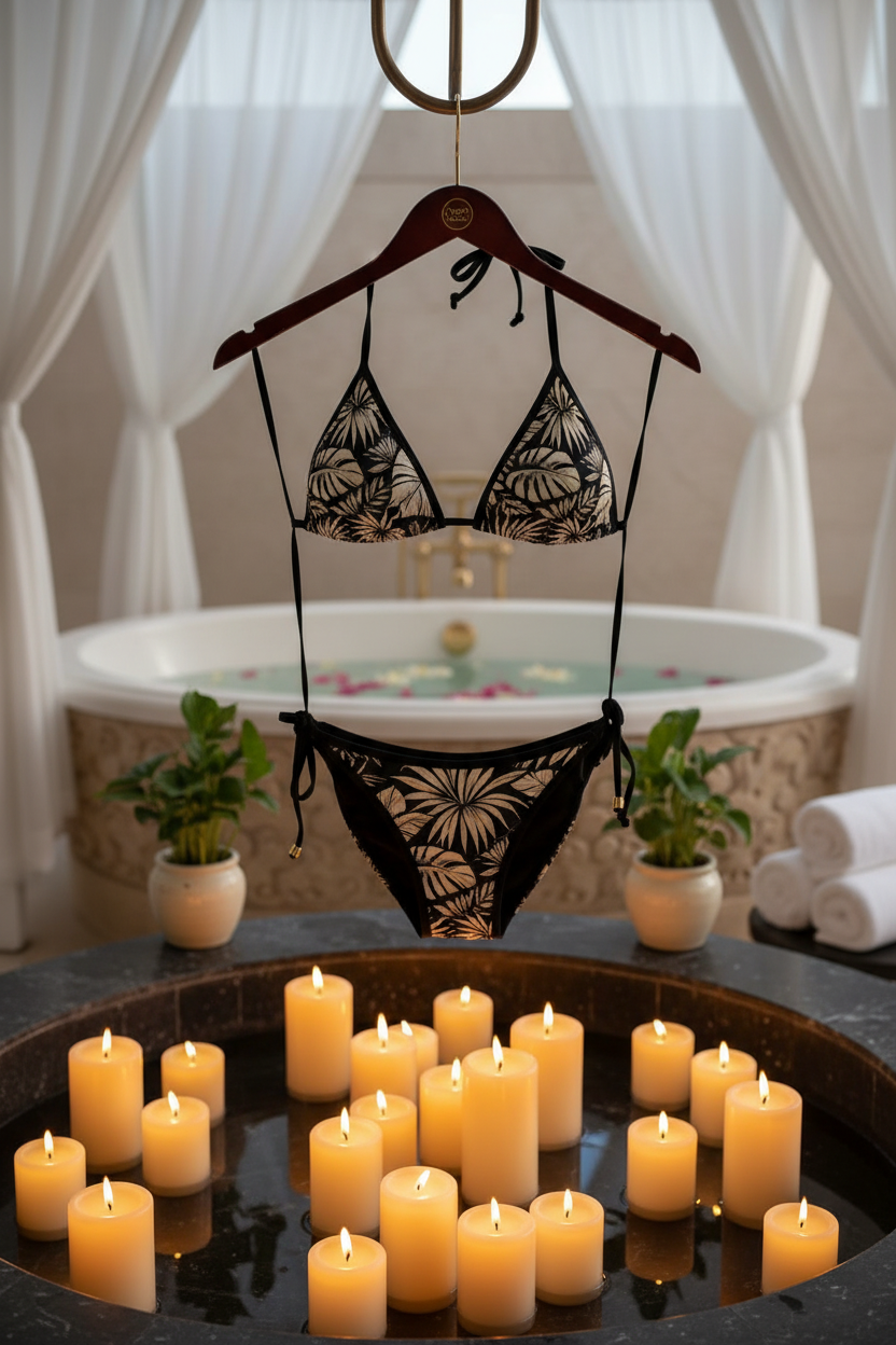 Tropical palm bikini on hanger surrounded by candles