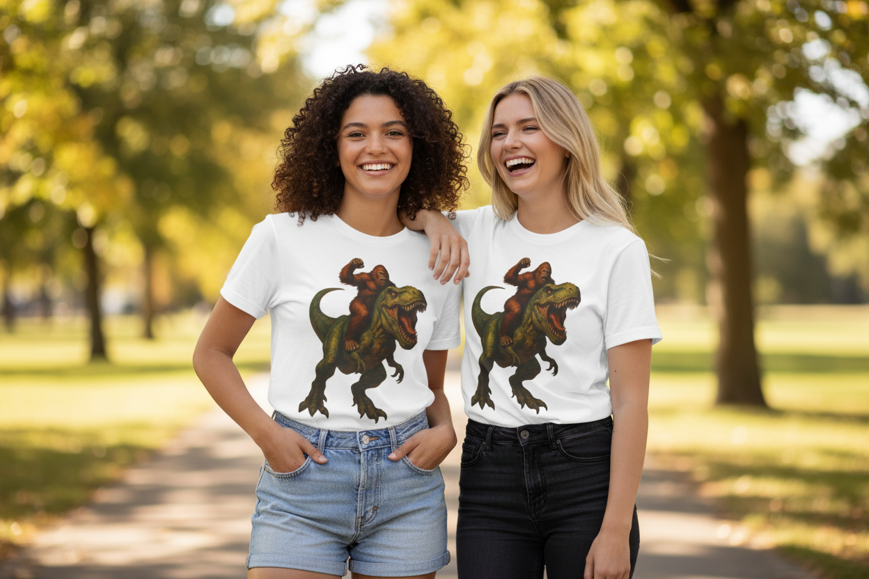 Two girls wearing Dinosaur Rider t-shirts