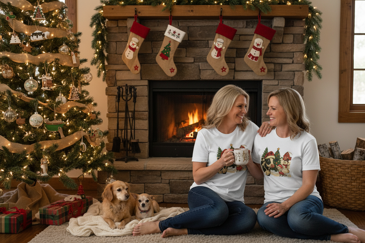 Two Sisters Wearing T-Shirt Cows Dog Lovers Christmas Farm
