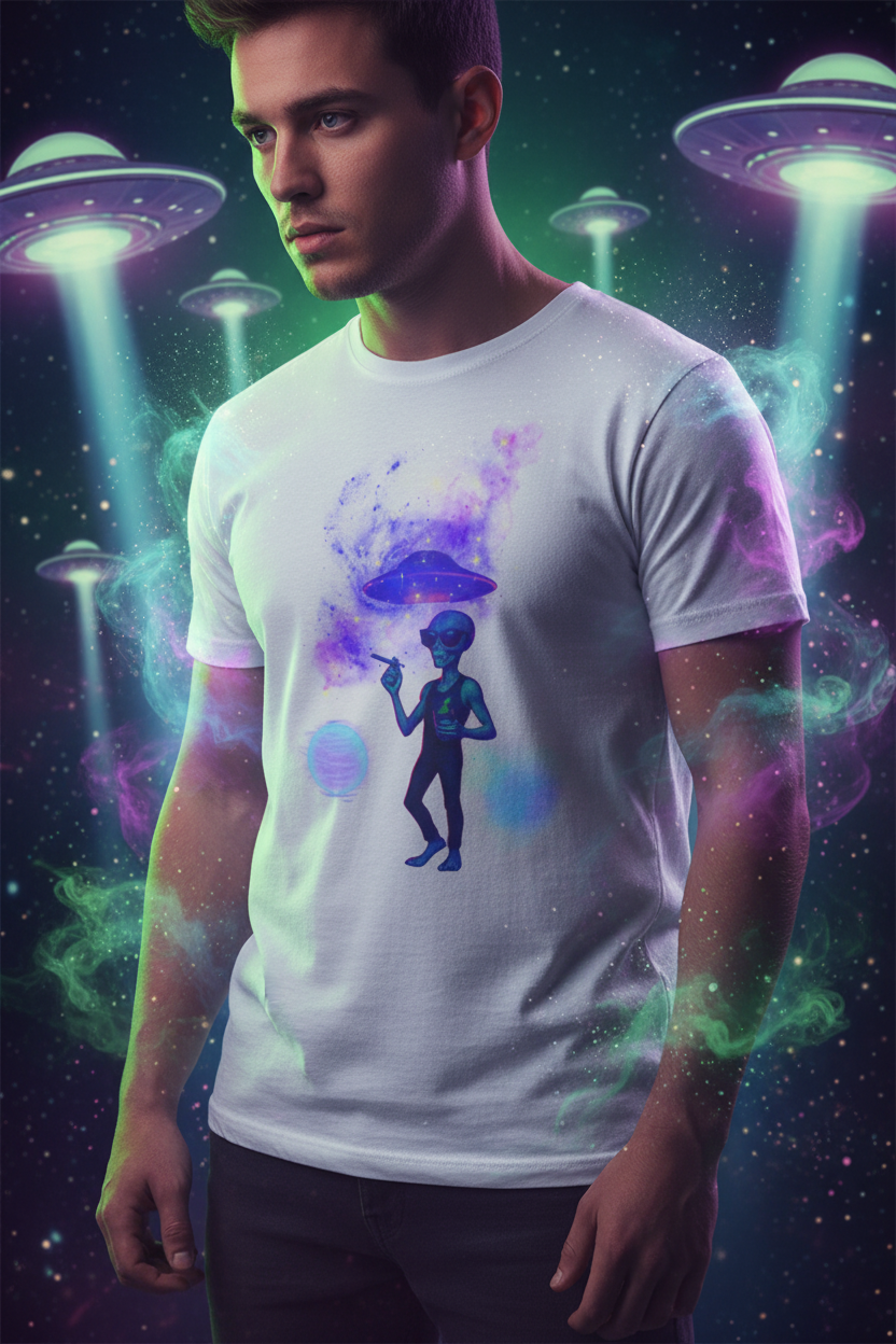 UFO hovering with light beams and particle effects