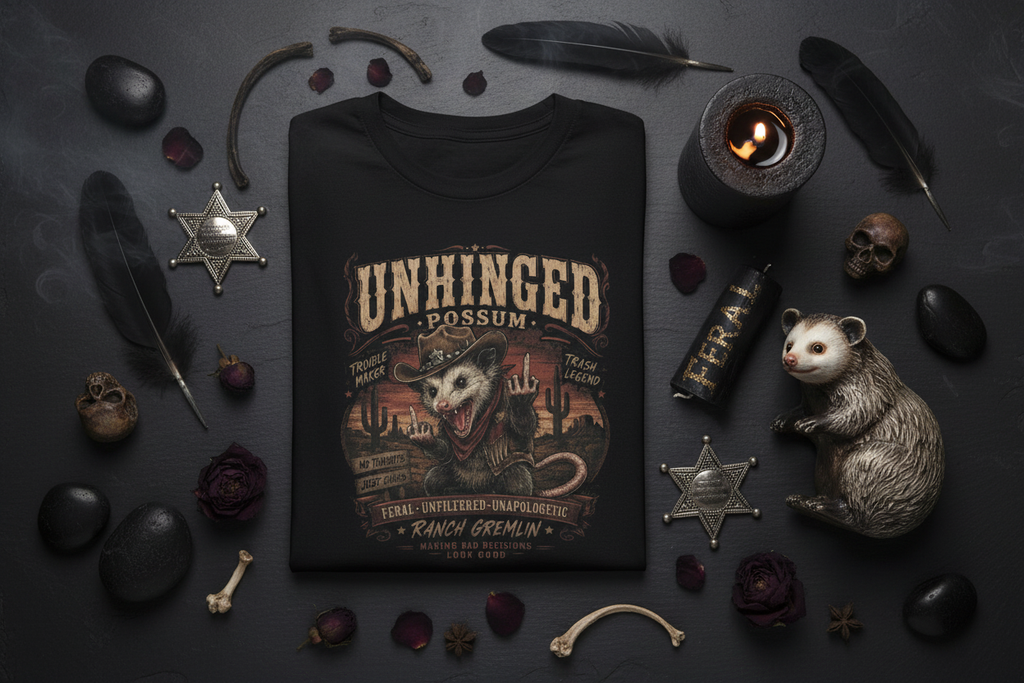 Unhinged Possum - Black Tee Dark Gothic Western Flat Lay