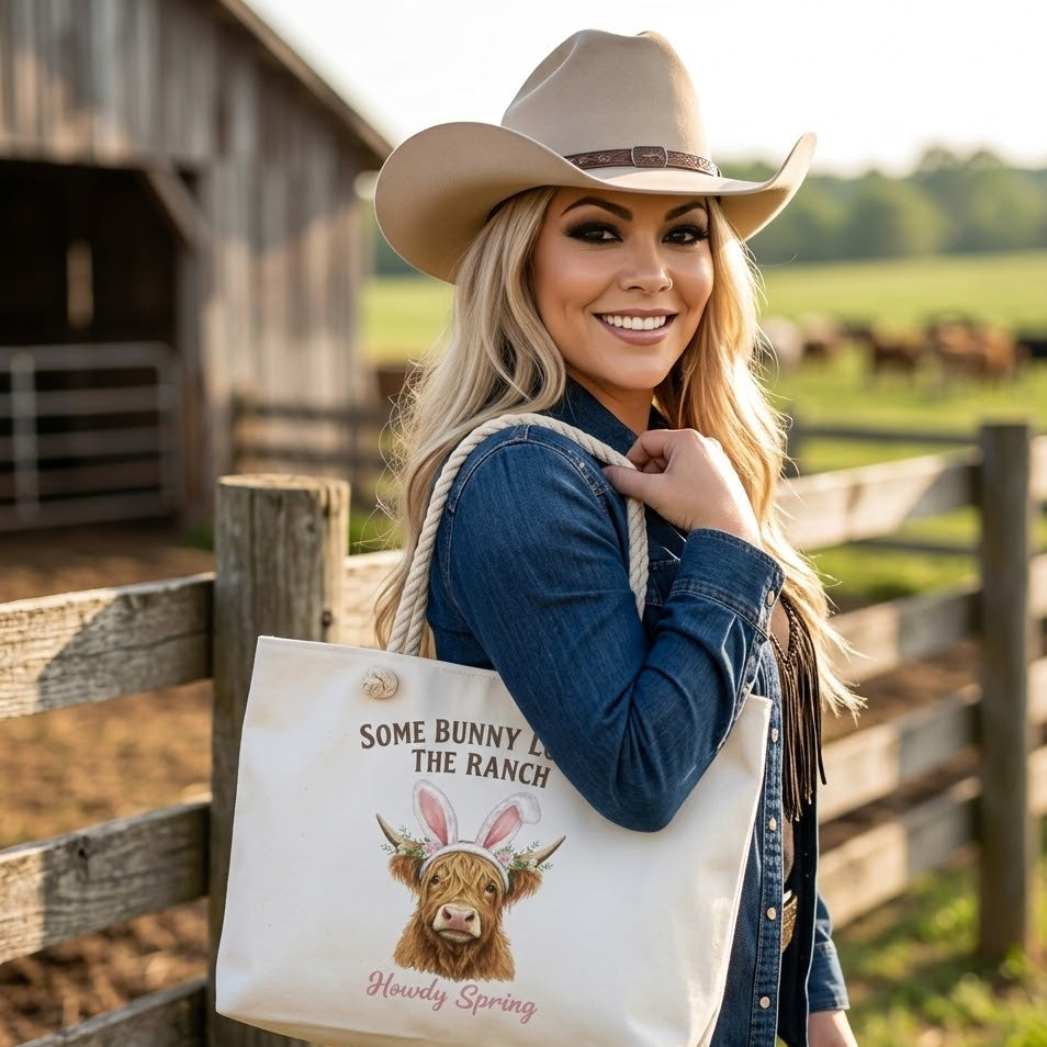Weekender Bag — "Some Bunny Loves the Ranch" Cute Spring Cow Tote for Weekend Getaways