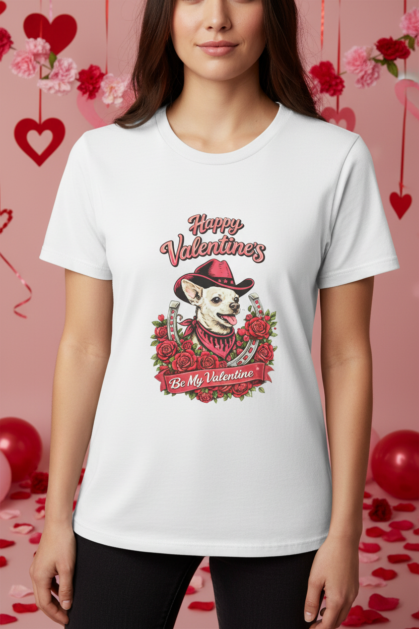 Valentine's Cowboy Chihuahua White Tee Mockup