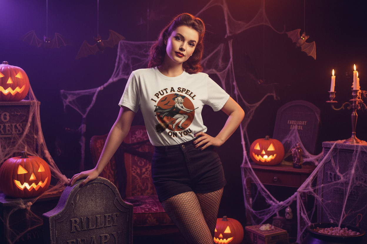 Vintage pin-up in spooky setting with Halloween decor