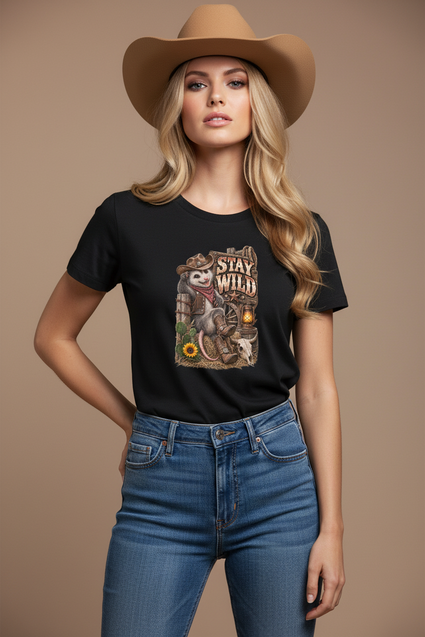 Vogue style cowgirl editorial in the black Stay Wild tee