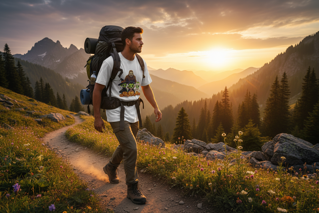 Walking mountain trail at golden hour