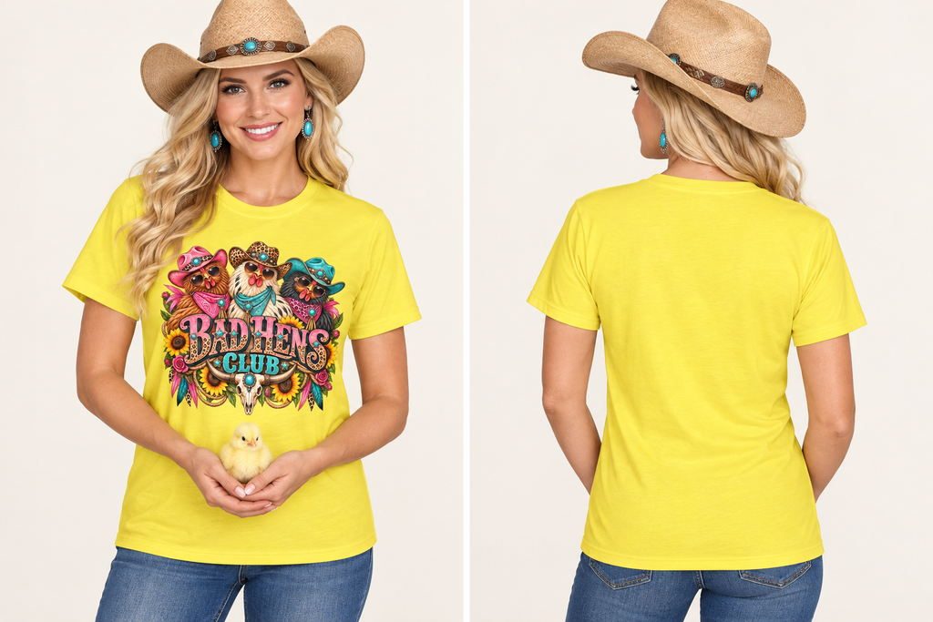 Western cowgirl modeling the yellow Bad Hens Club tee, front holding a chick and plain back on a clean background