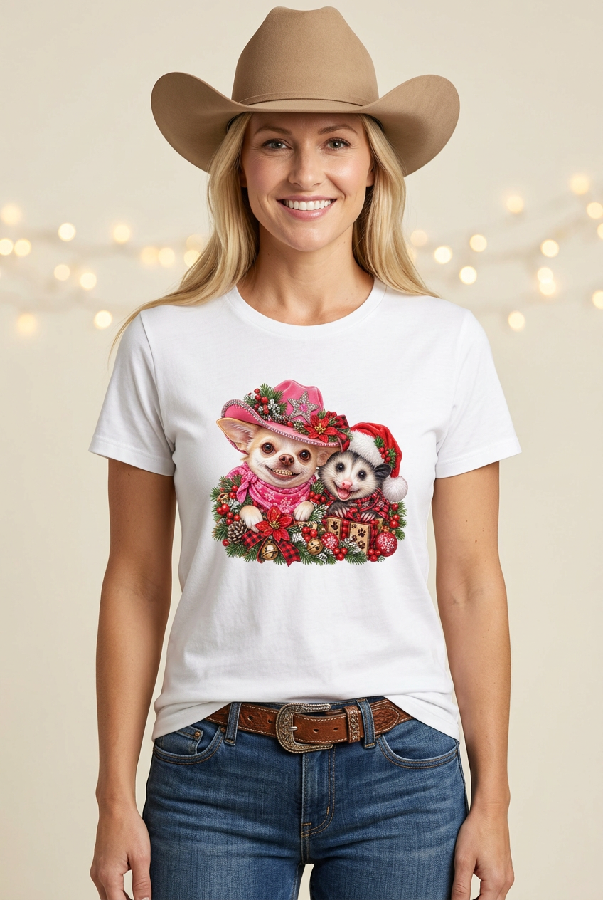 Western cowgirl studio mockup wearing the white Cocoa and Pete Christmas tee