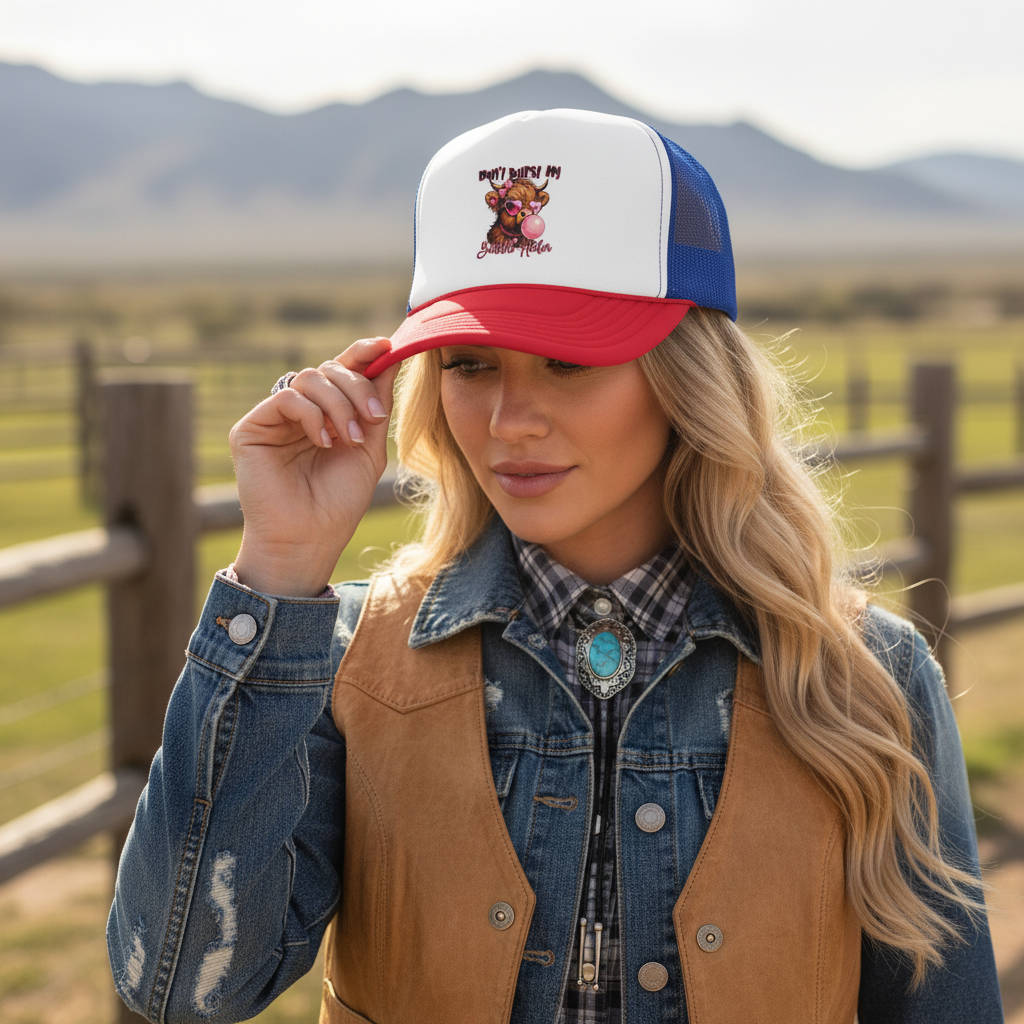 Western Lady Wearing Bubblegum Cow Hat Close-Up