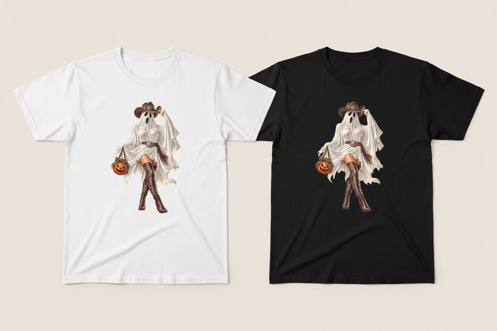 White and black Boots and Boos tees flat lay side by side