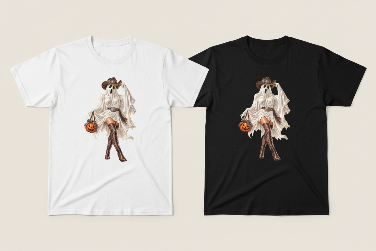 White and black Boots and Boos tees flat lay side by side