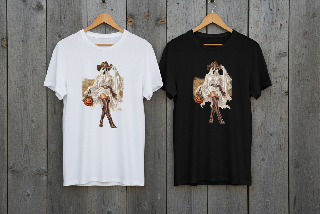White and black Boots and Boos tees on hangers against barn wood