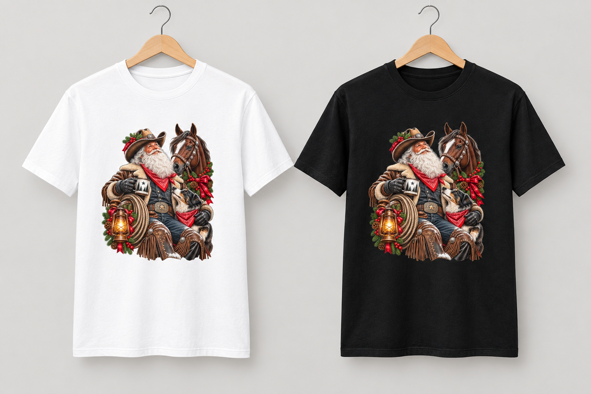 White and black Cowboy Santa tees on two wooden hangers