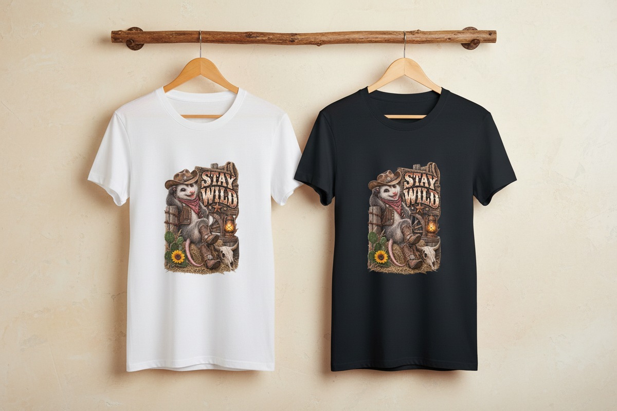 White and black Stay Wild tees on hangers