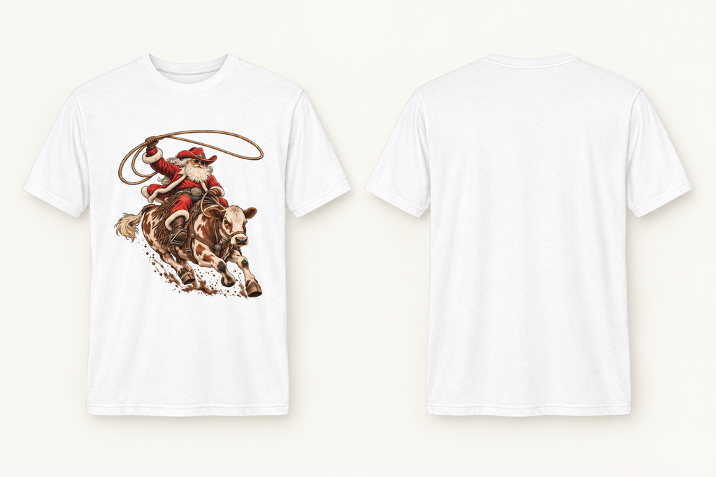White Cowboy Santa tee front-and-back mockup