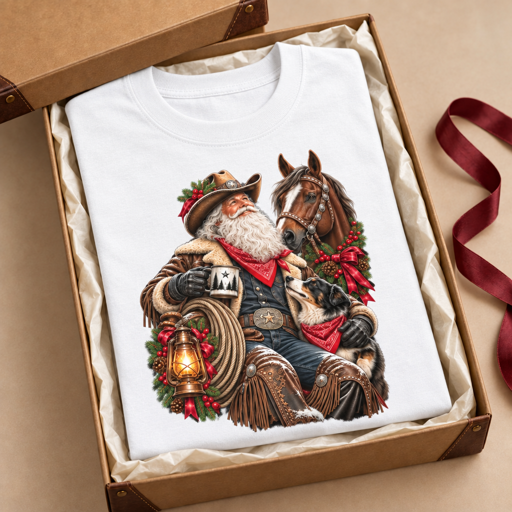White Cowboy Santa tee styled in a western gift box