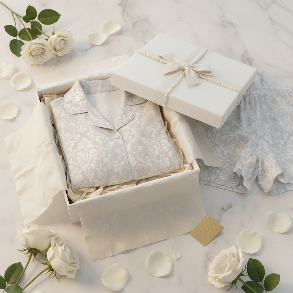 White Damask PJ Set — Bridal Gift Box