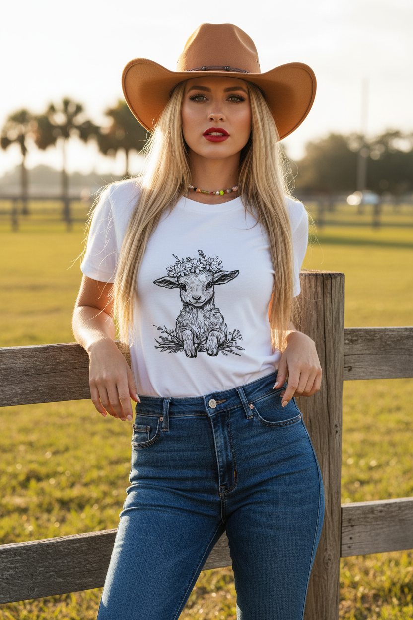 White Lamb Tee Cowgirl