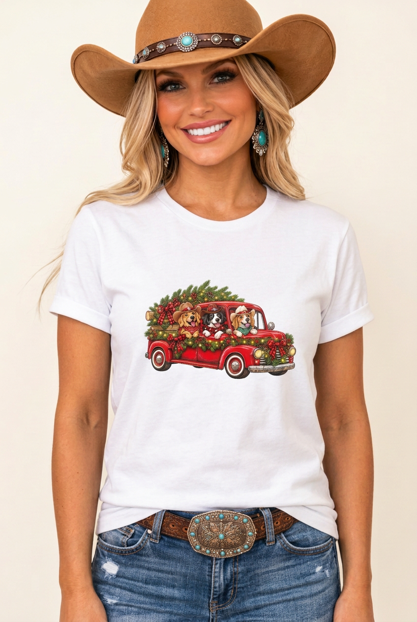 White tee front mockup with Christmas artwork and your cowgirl model