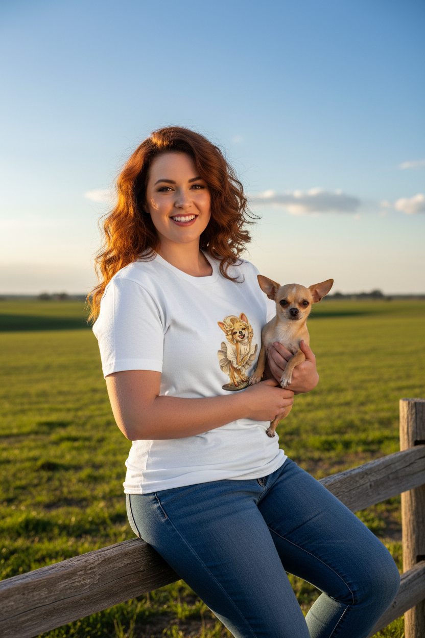 White Tee Woman with Chihuahua