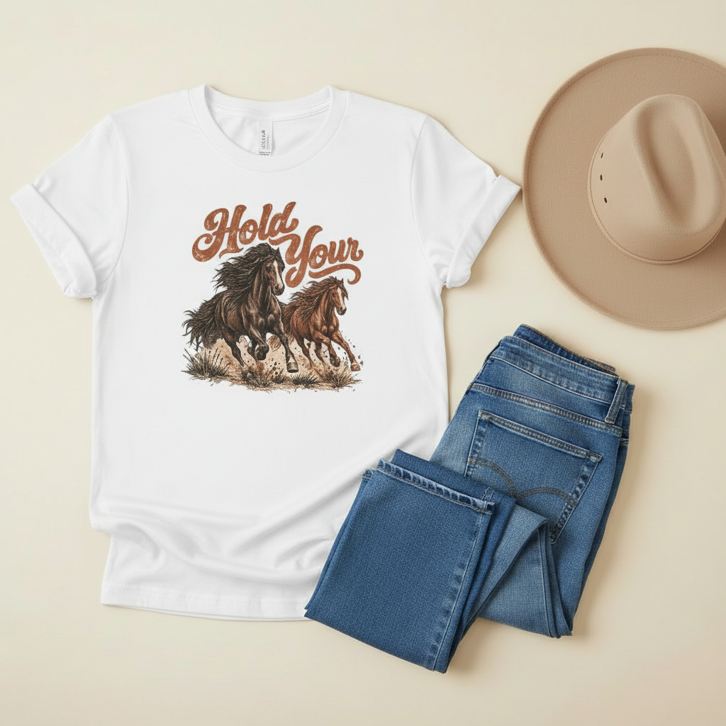 White western tee laid on jeans with a tan cowboy hat
