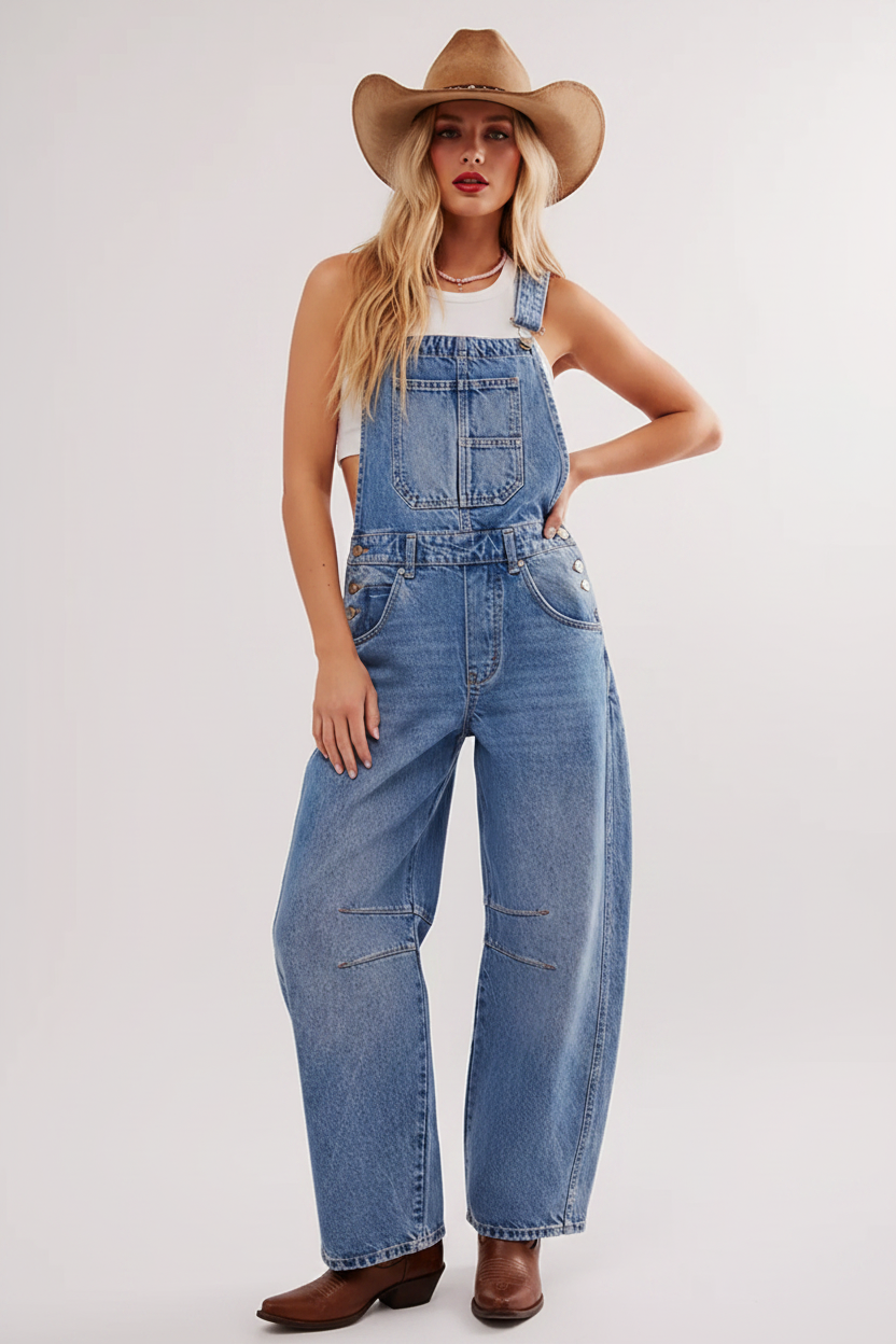 Wide Leg Denim Overalls Cowgirl Mockup