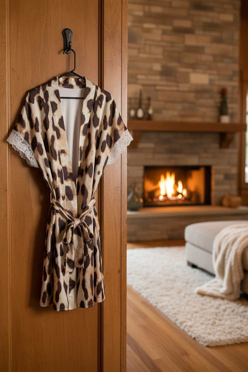 Wild Satin Seduction Robe - By Fireplace