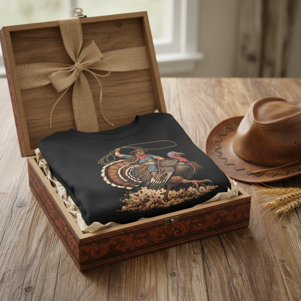Wild Turkey Rodeo tee folded in a rustic western gift box