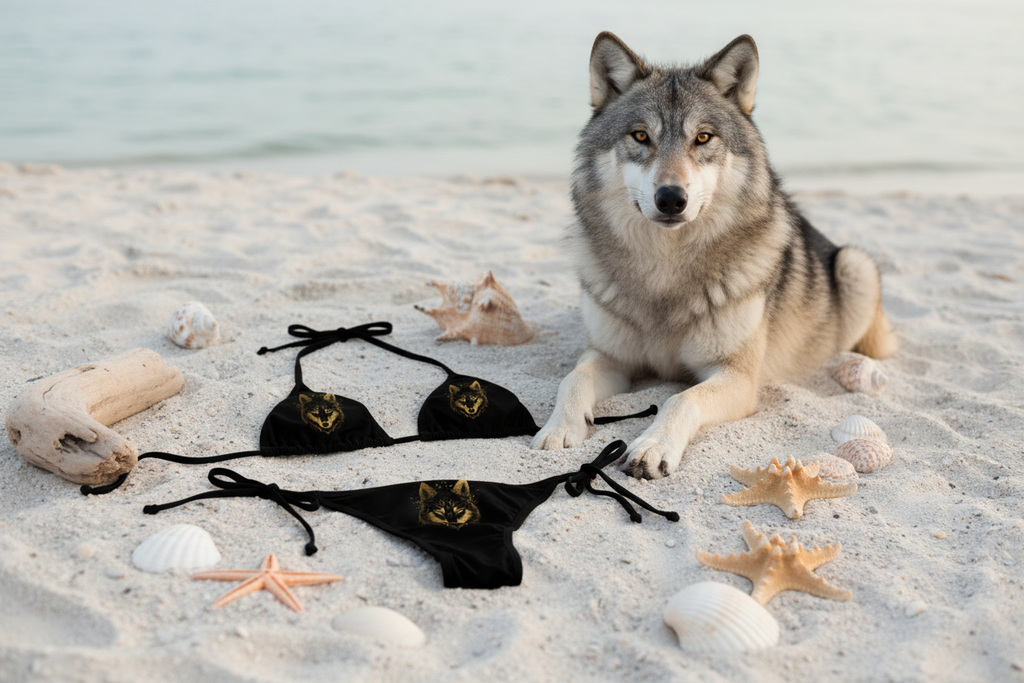 Wild Wolf Bikini - Flat Lay with Seashells and Wolf