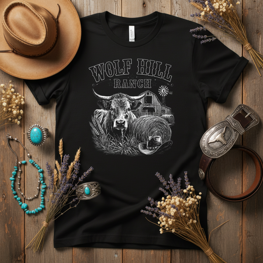 Wolf Hill Ranch Black Tee Flat Lay