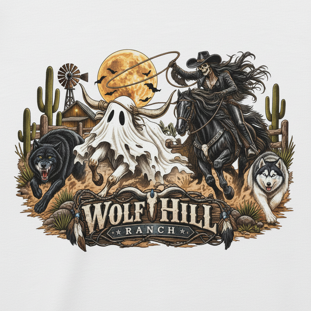 Wolf Hill Ranch Ghost Rider - White Tee Graphic Close Up