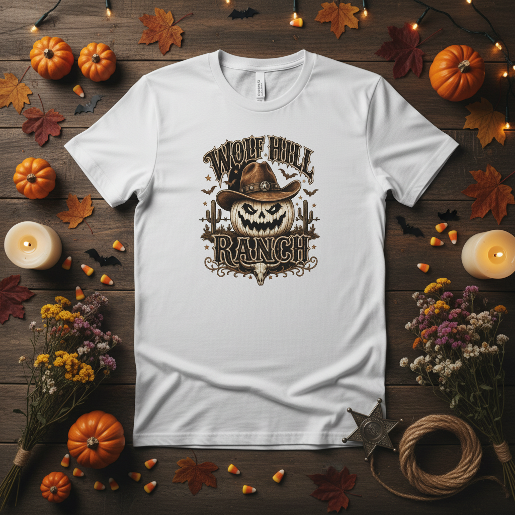 Wolf Hill Ranch Pumpkin Outlaw - White Halloween Western Flat Lay