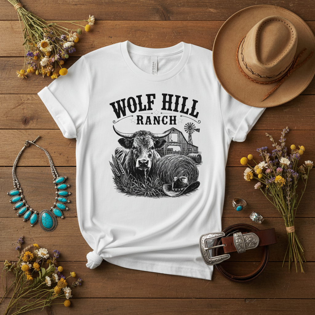 Wolf Hill Ranch White Tee Flat Lay