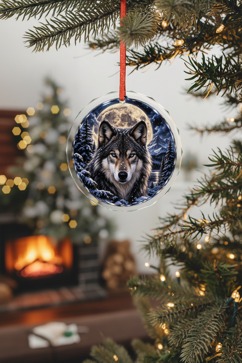 Wolf Moon Glass Ornament Christmas Tree Mockup