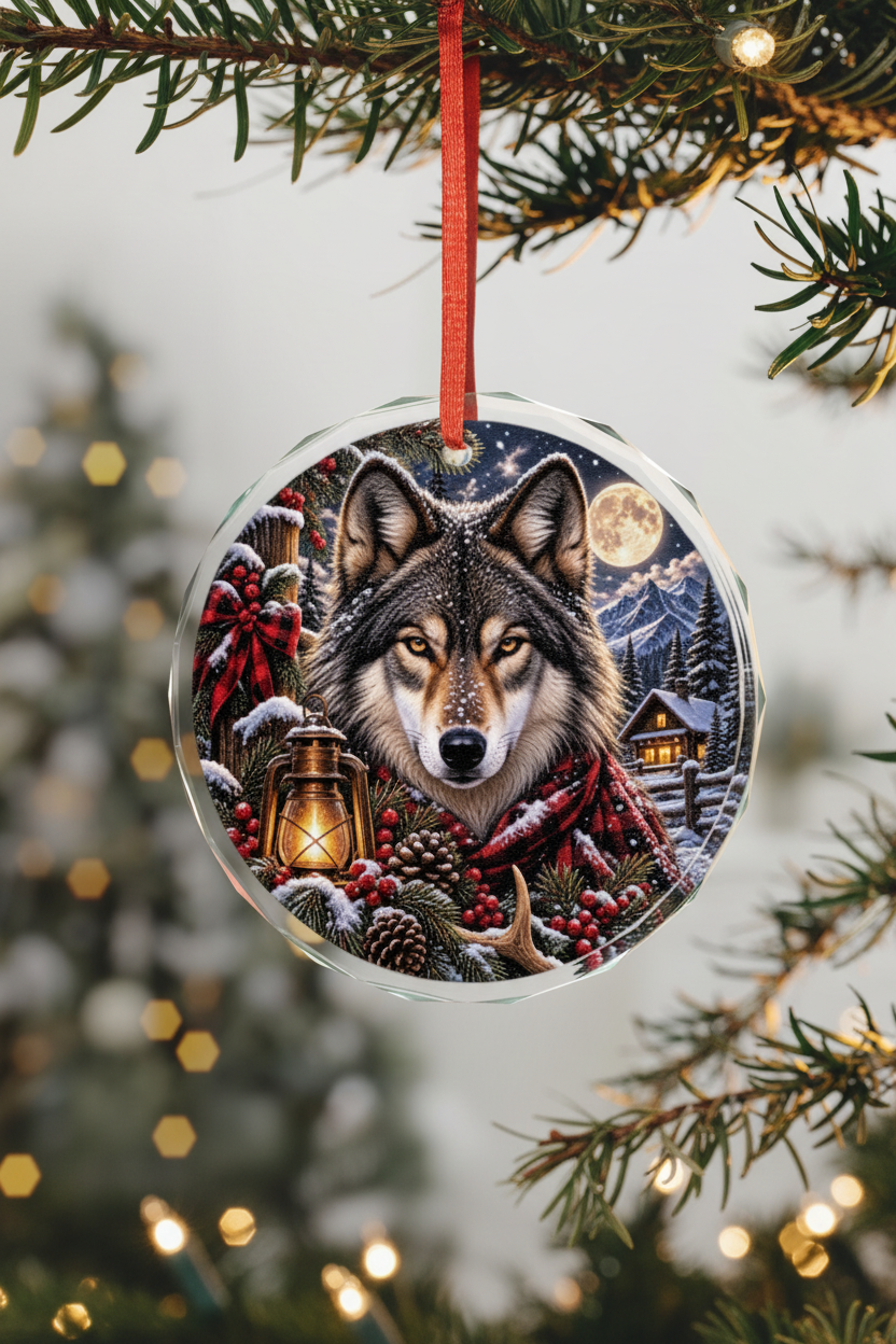 Wolf Winter Glass Ornament Christmas Tree Mockup