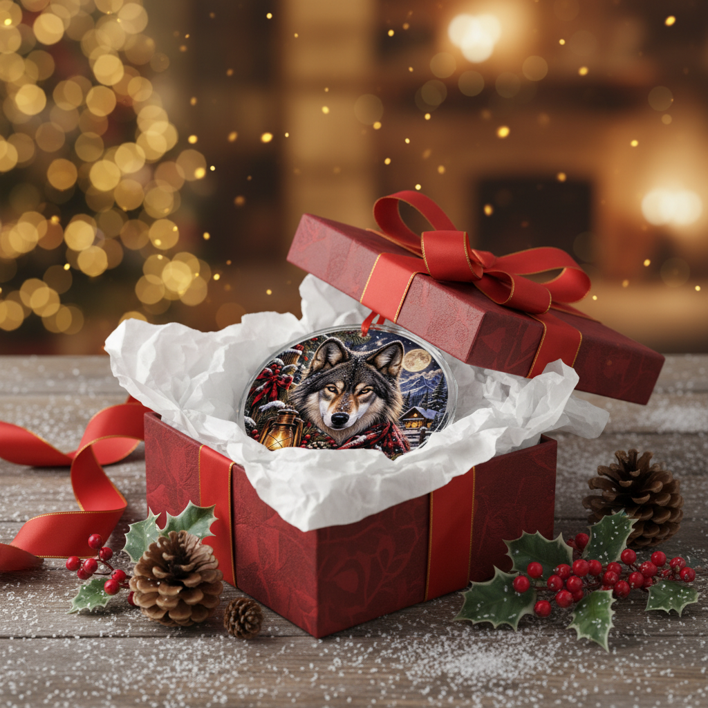 Wolf Winter Ornament Gift Box Mockup