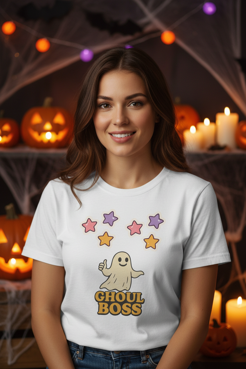 Woman at cozy Halloween party with jack-o-lanterns