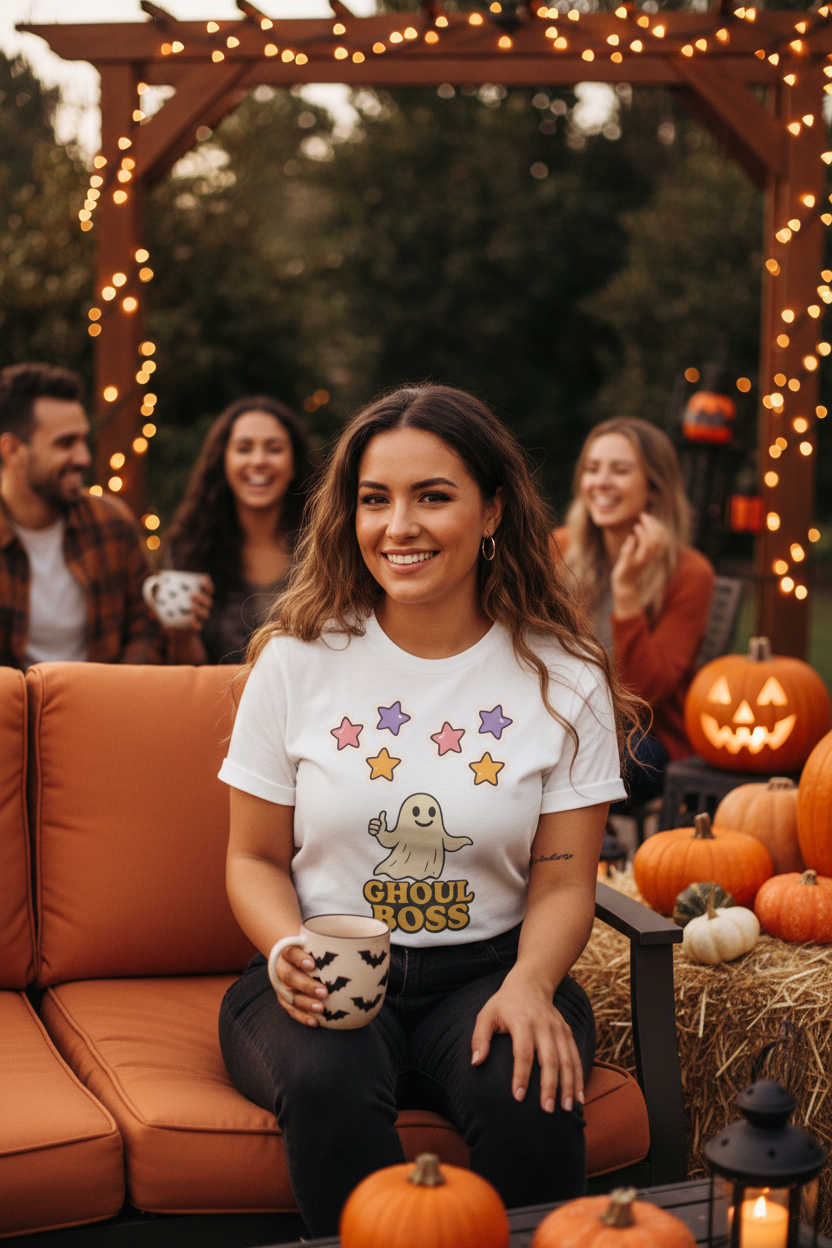 Woman at Halloween gathering with festive decorations