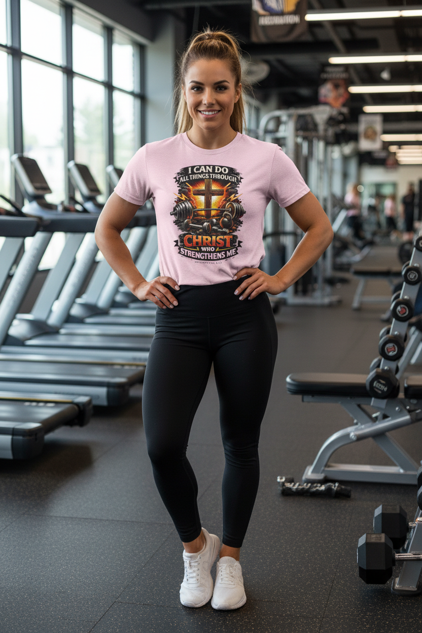 Woman in athletic pose wearing light pink Christian gym tee