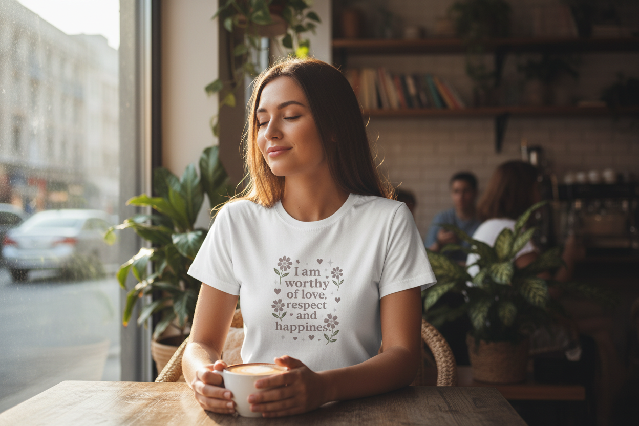 Woman in cozy cafe with coffee
