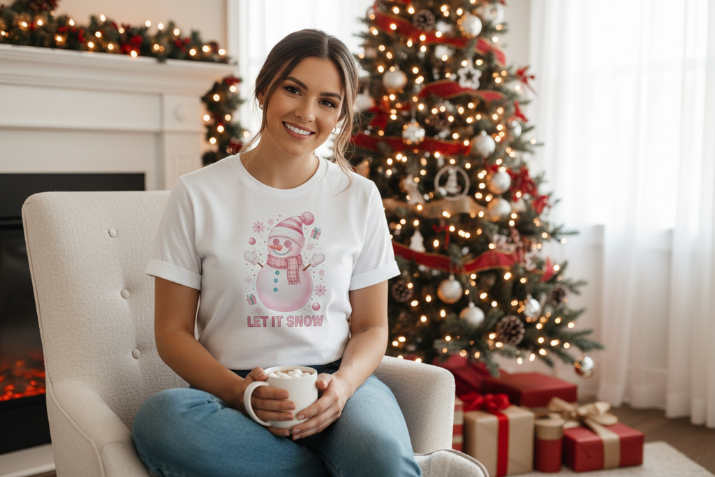 Woman in cozy indoor setting with Christmas lights