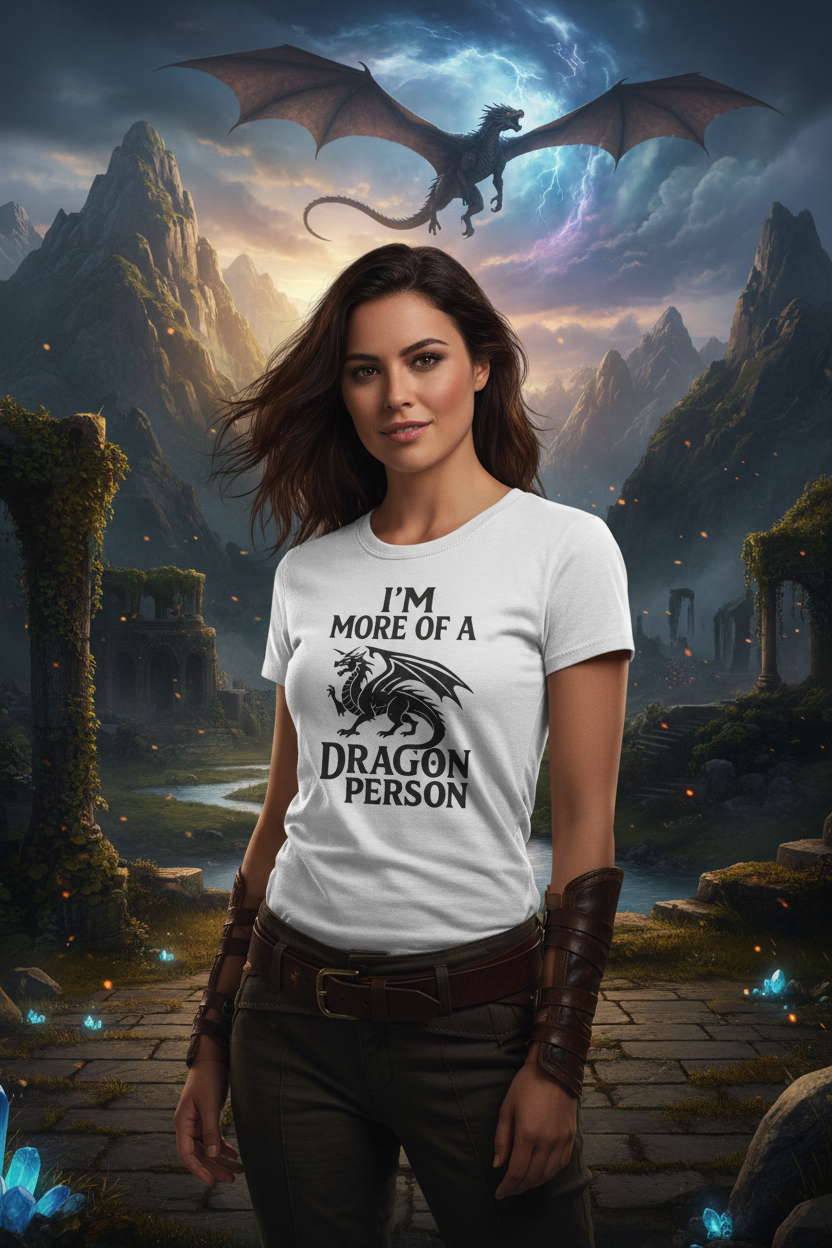 Woman in fantasy landscape with dragon flying