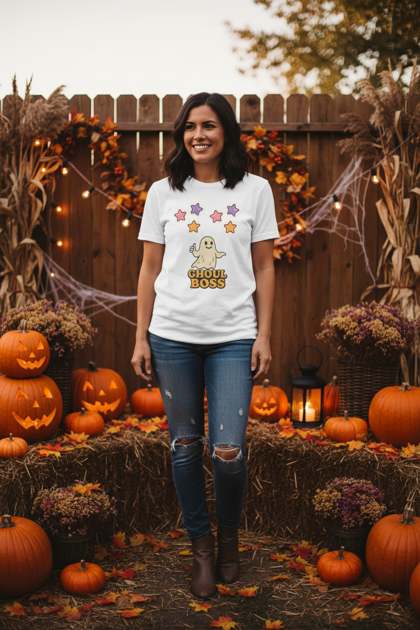 Woman in festive Halloween setting with pumpkins