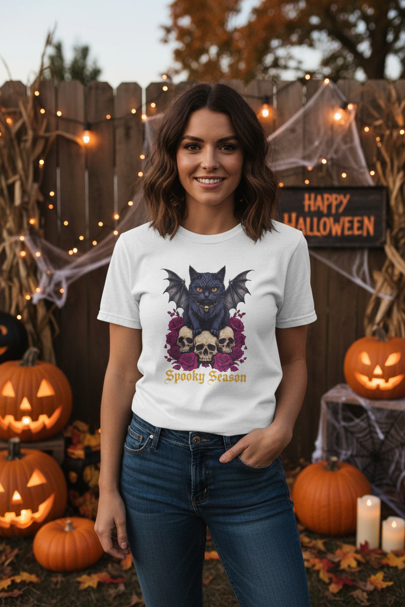 Woman in festive Halloween setting with pumpkins