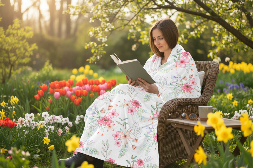 Woman in Garden with Blanket